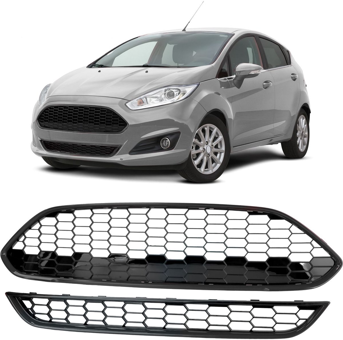 Grille ST Look Voor Ford Fiesta 2013 t/m 2017 Honingraat Design Zwart Glans