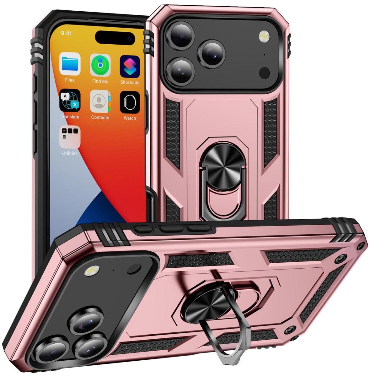 Mobigear Hoesje geschikt voor Apple iPhone 17 Pro Max Telefoonhoesje Hardcase | Mobigear Armor Ring Backcover Shockproof met Ringhouder | Schokbestendig iPhone 17 Pro Max Telefoonhoesje | Anti Shock Proof - Roségoud