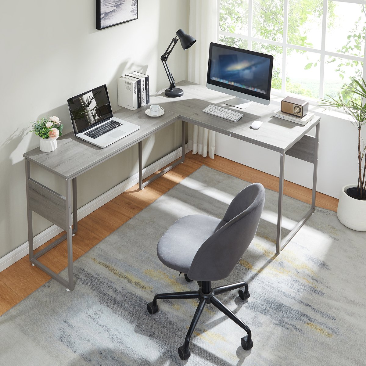 Hoekbureau Karlstang L-vormig lichtgrijs met houtnerf 166x120x75 ...