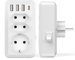 USB-stekkerdoos met meerdere aansluitingen, 7-in-1 USB-wandlader met 3 stopcontacten (16 A, 3800 W), 3 USB-poorten 5 V/3,4 A, 1 Type-C-poort