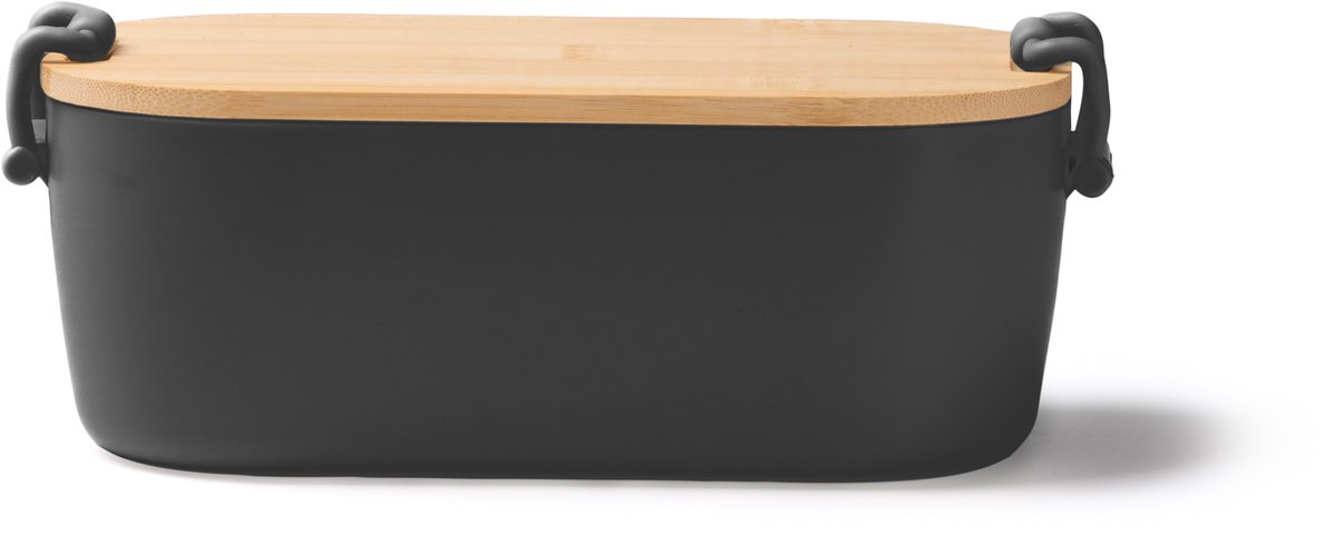 Broodtrommel Zwart met bamboe deksel - Brooddoos - 18cm/ 11cm/ 7cm - met veiligheidssluiting