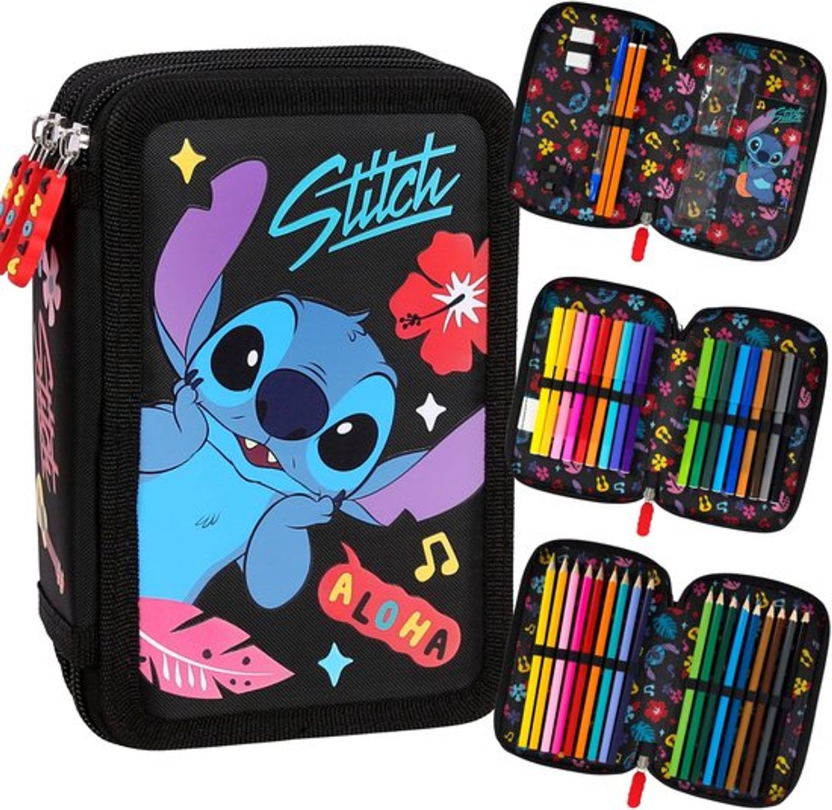 DISNEY Stitch ALOHA Zwart pennenetui met drie vakken en accessoires-43 items, 3 sloten 12,5 x 19,5 x 6,5 cm