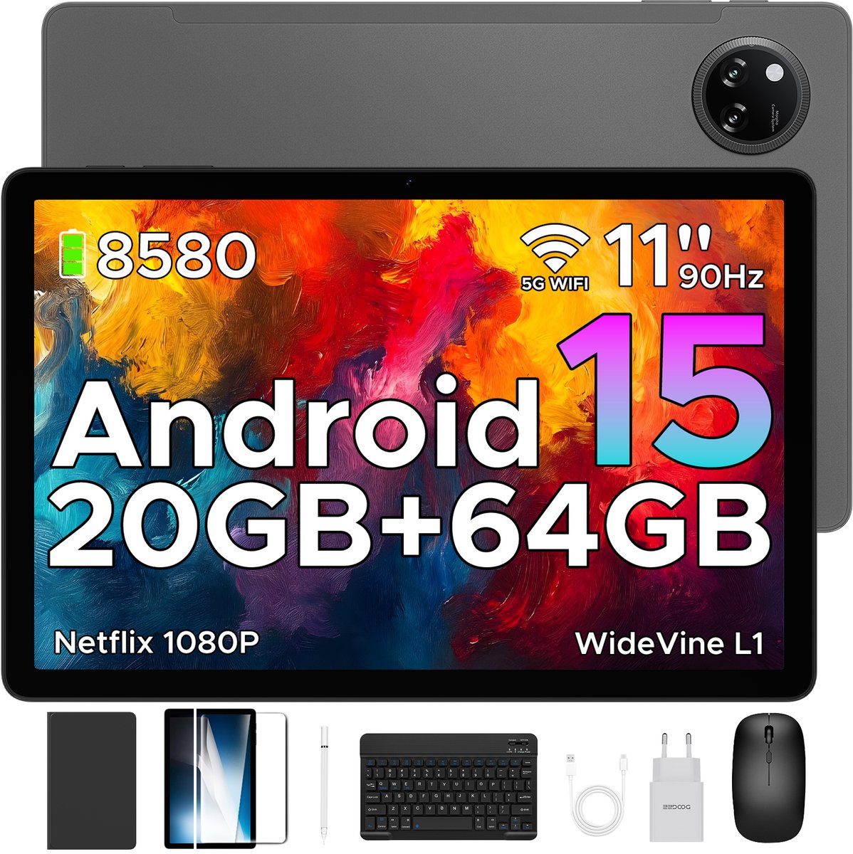DOOGEE TAB A9+ VIP - Tablet - 20GB RAM +64GB ROM /2TB TF - 11 Inth + 90Hz IPS - Android 15 - 8580 mAh - Unisoc T7200 - 5Gz WiFi - Dubbele luidsprekers - Muis/toetsenbord/hoesje/geharde film - Grijs