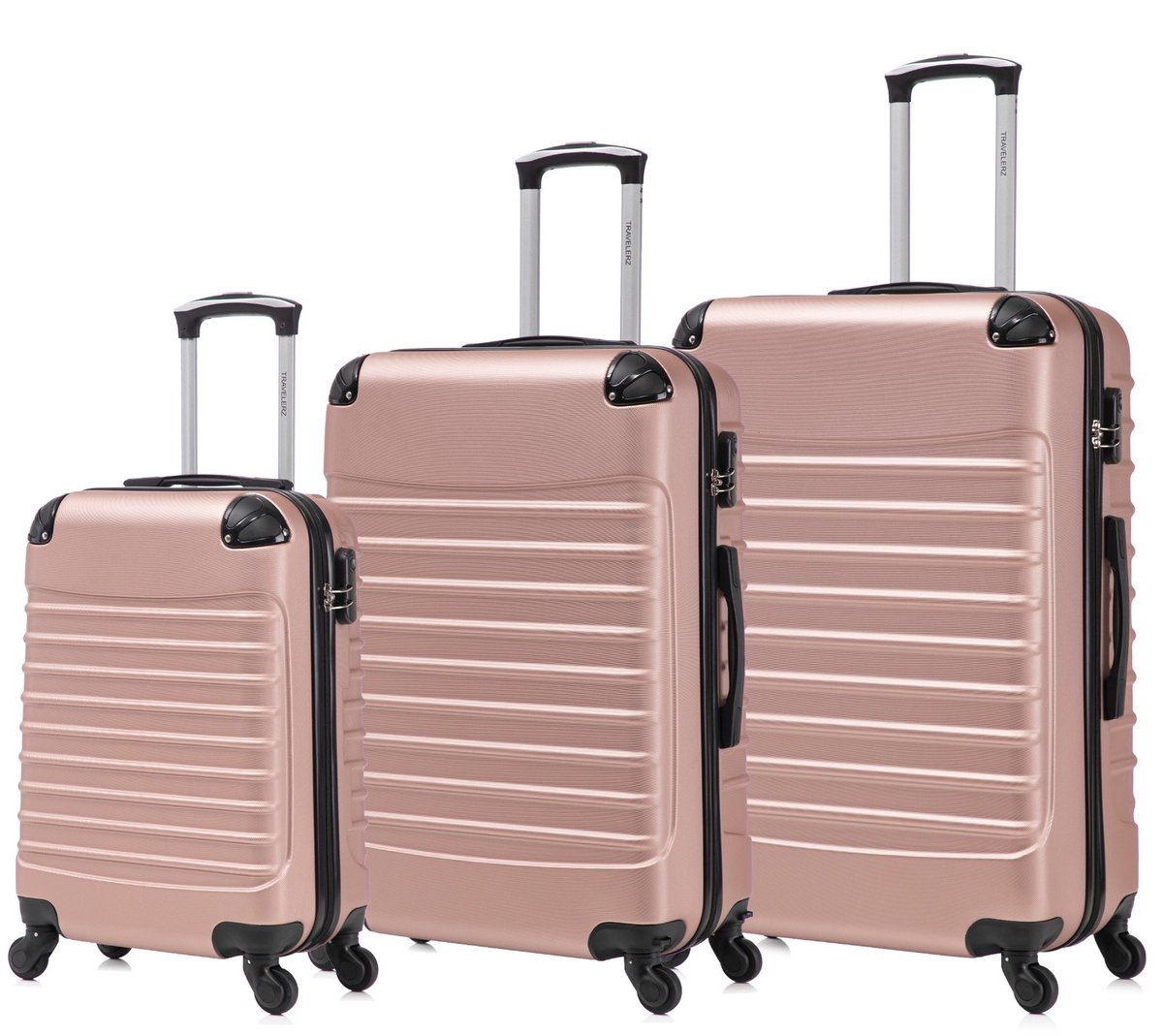 Travelerz Rome Kofferset 3-Delig – Handbagage 39L + Large 69L + Extra Large 95L – Lichtgewicht ABS – Spinner Wielen – Rosé Goud – Met Cijferslot