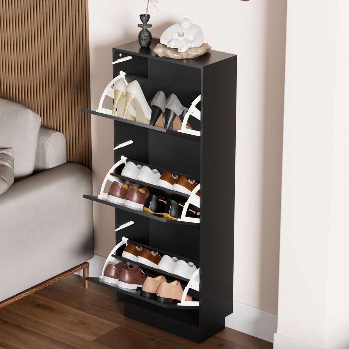 UEV Schoenenkast met 3 kleppen, schoenenkast met lijnpatroon, schoenenrek met anti-kantelfunctie, voor hal, entree, woonkamer, 50 x 24 x 131 cm, zwart