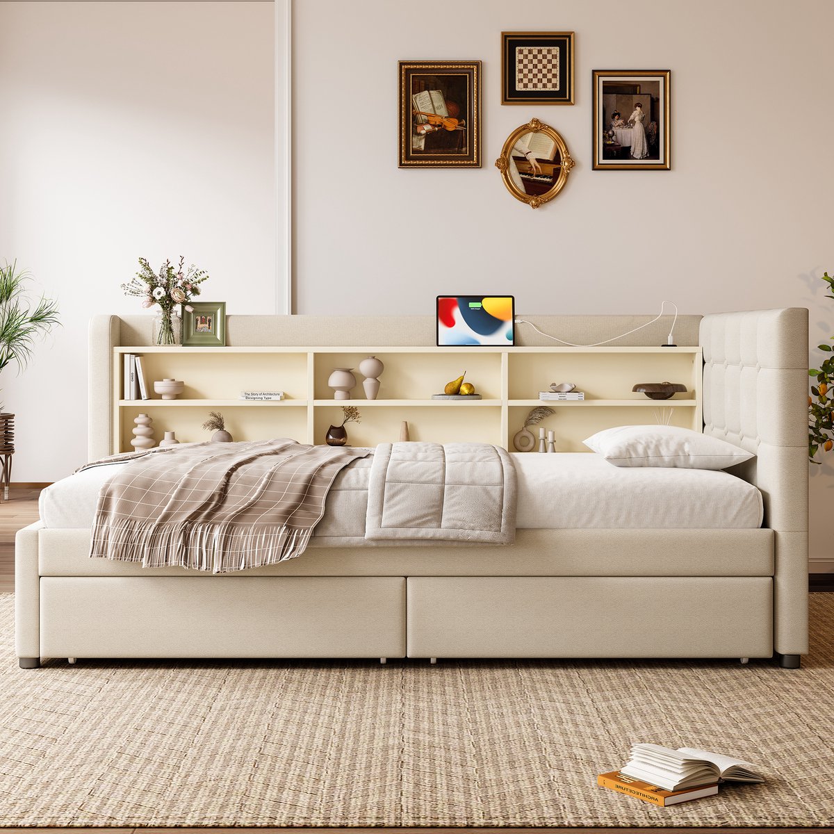 Merax Slaapbank 90x200 cm met 2 lades met USB Type-C - meerdere opbergvakken - zonder matras - beige