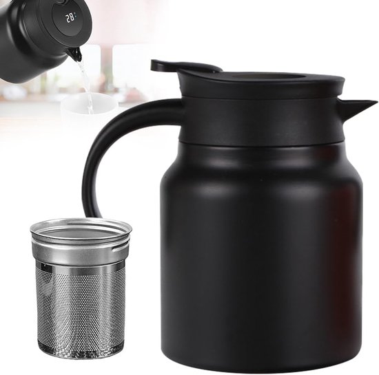 Theepot - Theepot met filter - Dubbele muurvacuüm thermo - Roestvrijstalen theepot - zwart