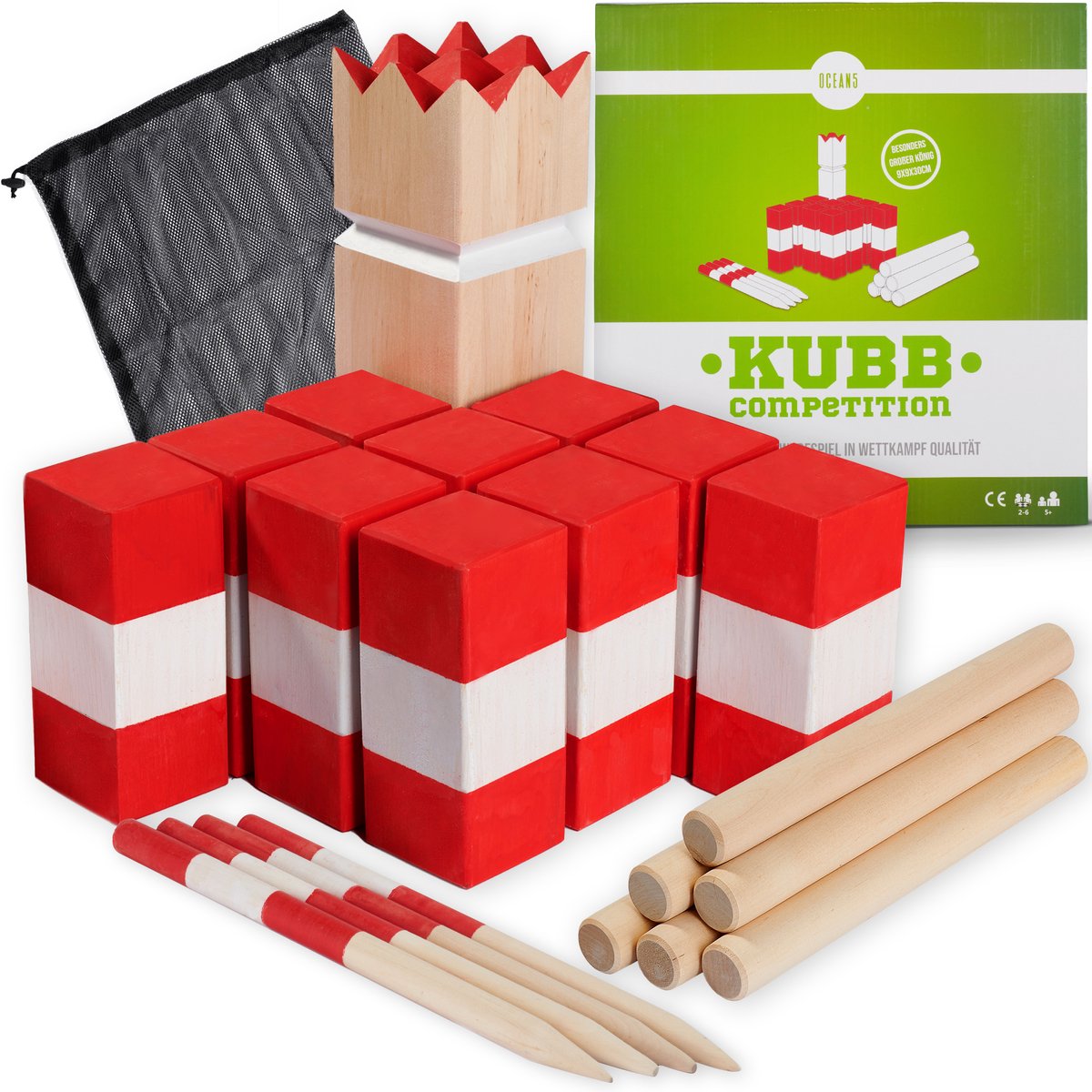 Ocean5 Werp spel Kubb Competition Berken rood/wit 9x9x30 cm