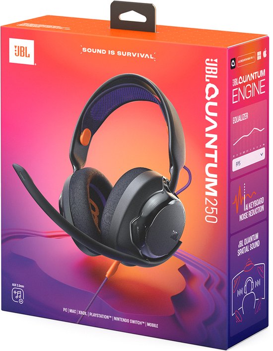 Verpakking van de JBL Quantum 250 gaming headset. Zwart met oranje en paarse gradient. De headset met microfoon is afgebeeld.