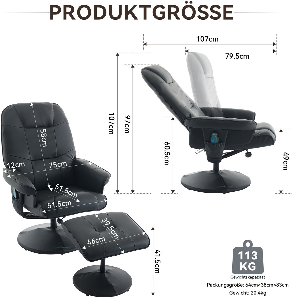 Afbeelding 2 van PHOEBE CAT Massagestoel met Verwarming en Voetenbank Zwart