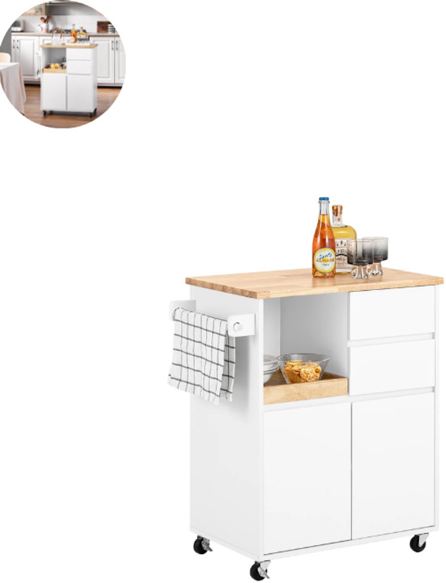Bol.com Keukeneiland - Verplaatsbaar - Keukenkast - Dressoir - Organizer - Kasten - Houten Werkblad - Lade - Wit aanbieding
