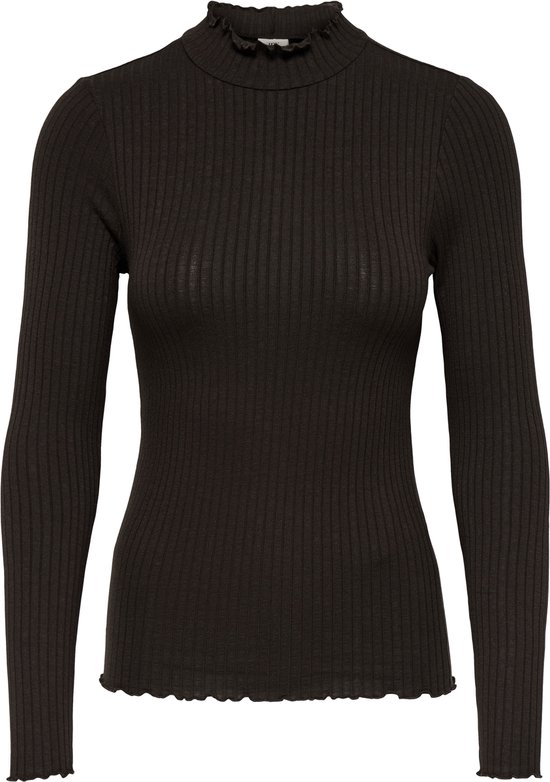 Bruin gebreid shirt met lange mouwen, hoge hals en ruches bij de hals en zoom.