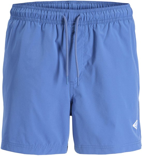 Blauwe zwemshort met elastische tailleband, trekkoord en een klein logo op de rechterpijp.