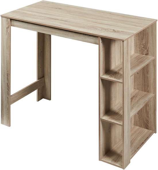 Houten bartafel met open vakken.