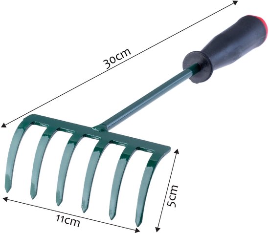 KADAX Hark, kleine hark met steel, bladbezem van metaal, bladhark voor tuin, bloembed, gazonhark, tuingereedschap, hooikoork, tuinhark, groen (30 cm, 6 tanden) van Merkloos	 — afbeelding 4