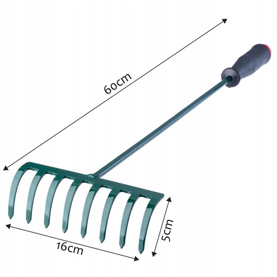KADAX Hark, kleine hark met steel, bladbezem van metaal, bladhark voor tuin, bloembed, gazonhark, tuingereedschap, hooikoork, tuinhark, groen (60 cm, 8 tanden) van Merkloos	 — afbeelding 4