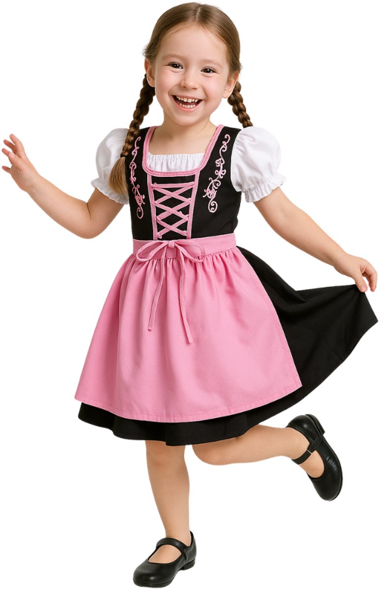 Joya Kids® Dirndl Verkleedjurk Kind | Oktoberfest Jurk Meisje | Roze & Zwart Tiroler Verkleed Jurk | Stretch Verkleedkleding Carnaval Halloween | Maat 150