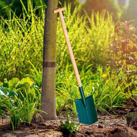 KADAX Schep, tuinspade voor harde en zachte vloeren, tuinschep met treprand, grafschep met houten steel, grafschep metalen blad (rond, 19 cm, T-greep) van Merkloos	 — afbeelding 4