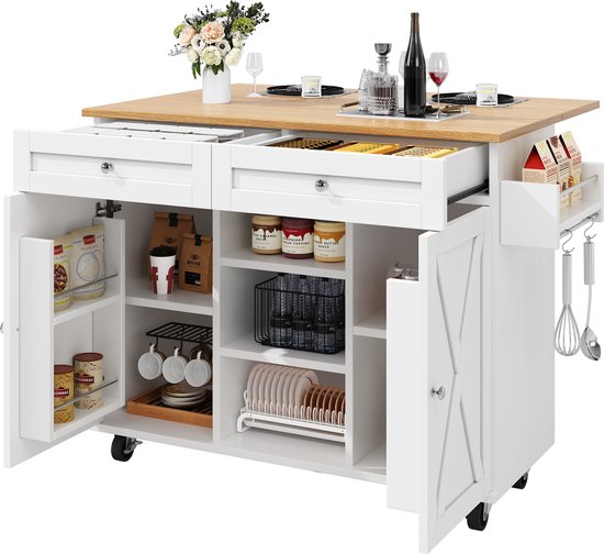Îlot de cuisine moderne, meuble de cuisine, buffet, chariot de service avec veinure de bois, table à manger multifonctionnelle avec espace de rangement, chariot de service avec supports à collation, blanc