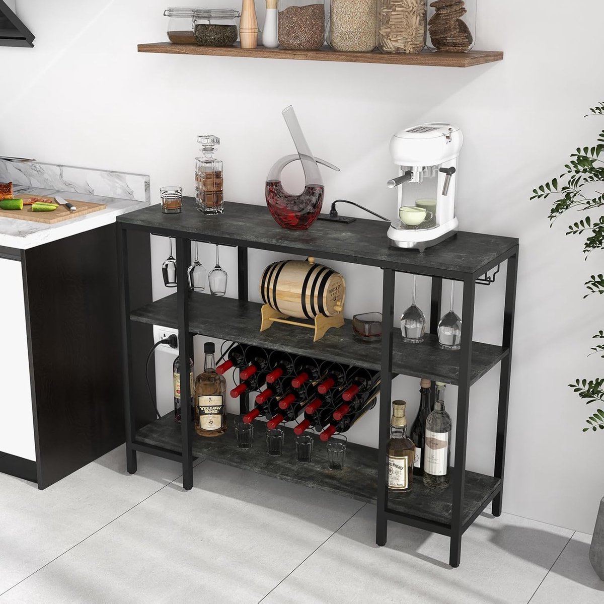 COSTWAY Wijnrek met glazen houder en planken, 3 niveaus, flessenrek met stopcontacten, voor 15 wijnflessen, industriële en vrijstaande wijnkast voor thuis, keuken, bar, 113 x 35 x 85 cm (grijs) — cadeau in Cadeau-ideeën - foto 7