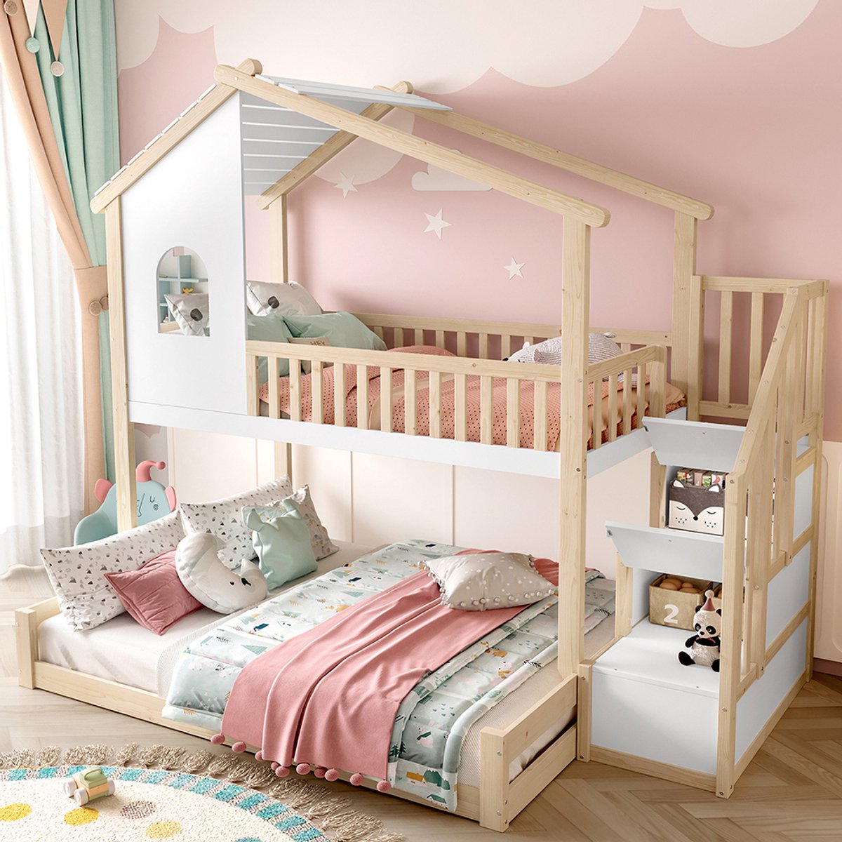 KOMHTOM Stapelbed, 90x200 cm+140x200 cm, bedhek, opbergladder, raam, sierlijst, naturel+ wit