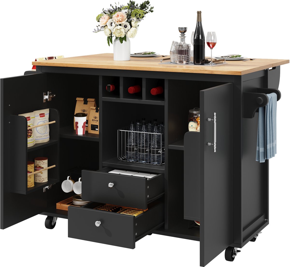 Keukeneiland buffetkast 120 x 73 (45) x 92 cm keukenkast keukenwagen en opklapbaar werkblad met handdoekhouder kruidenrek deurrek wijnrek en verstelbare planken, wit/zwart