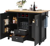 Buffet îlot de cuisine 120 x 73 (45) x 92 cm, meuble de cuisine, chariot de cuisine et plan de travail rabattable avec porte-serviettes, étagère à épices, porte-bouteilles et étagères réglables, blanc/noir