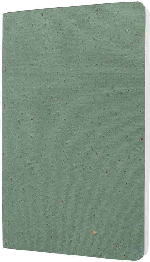 Carnet vert clair avec fibres visibles et mouchetures brunes.