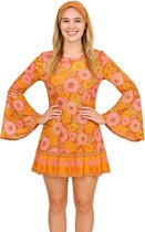 Joya Party® Hippie Verkleedjurk Dames Oranje Roze | Jaren 60/70 Flower Power Kostuum | Inclusief Haarband | Verkleedkleding Bloemen Volwassenen | Stretch Stof | Carnaval / Themafeest | Maat XL