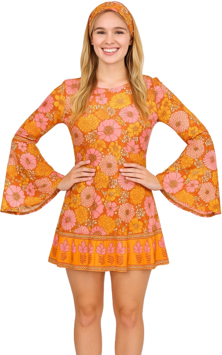 Joya Party® Hippie Verkleedjurk Dames Oranje Roze | Jaren Flower Power Kostuum | Inclusief Haarband | Verkleedkleding Bloemen | Stretch Stof | Carnaval / Themafeest |