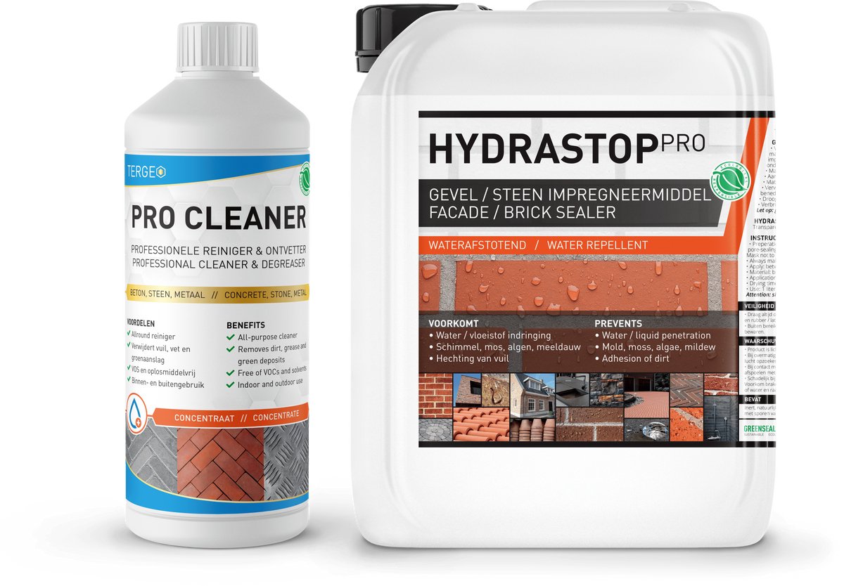 Nr. 1 Gevel impregneren & Reinigen - ULTRA STRONG - Buitenmuur 100% waterafstotend maken - Nano Coating impregneermiddel - Hydrastop Pro 5L(30m2) + Tergeo Pro Cleaner 1L