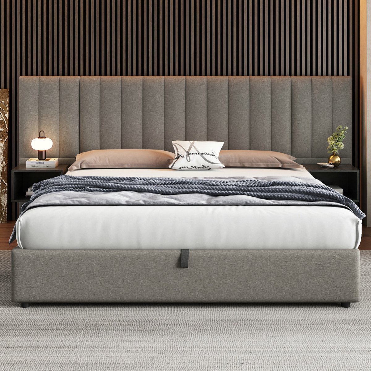 VVBV Bedframe met opbergruimte 180 x 200 cm met brede vleugels en 2 nachtkastjes, hydraulisch bed Tweepersoonsbed met lattenbodem, geschikt voor volwassenen en tieners, in linnen, grijs + zwart(Matras niet inbegrepen)