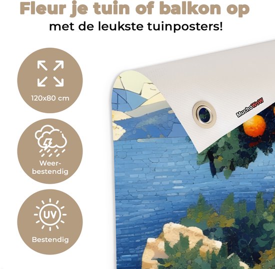 Affiche de jardin 120x80 cm - Décoration de jardin Maisons - Mosaïque - Orangers - Mer - Affiche pour le jardin - Décoration extérieure - Tableau de jardin clôture - Décoration murale en tissu de jardin - Décoration murale en tissu de balcon