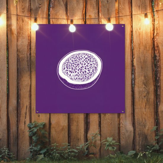 Tuinposter 100x100 cm - Tuindecoratie Passievrucht - Zaadjes - Paars - Minimalistisch - Poster voor in de tuin - Buiten decoratie - Schutting tuinschilderij - Tuindoek muurdecoratie - Wanddecoratie balkondoek