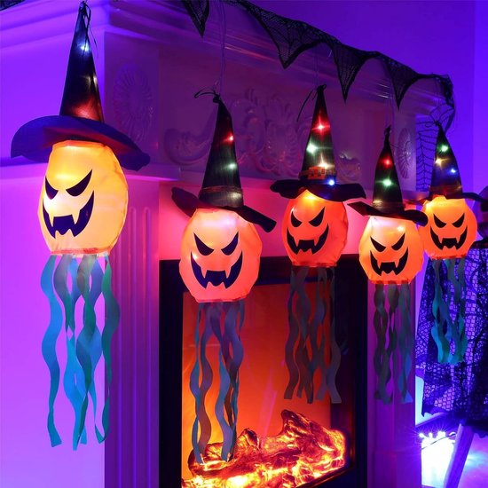 5 stuks Halloween pompoen LED knipperend licht spook aankleed gloeiende hanglamp lantaarn, Halloween feestdecoratie (veelkleurig)
