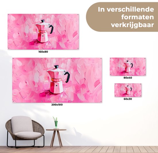 Tuinposter 80x40 cm - Tuindecoratie Roze - Verf - Coffee - Poster voor in de tuin - Buiten decoratie - Schutting tuinschilderij - Tuindoek muurdecoratie - Wanddecoratie balkondoek
