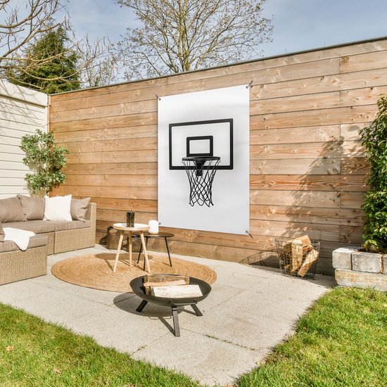 Tuinposter 90x120 cm - Tuindecoratie Basketbalbord - Minimalistisch - Zwart - Poster voor in de tuin - Buiten decoratie - Schutting tuinschilderij - Tuindoek muurdecoratie - Wanddecoratie balkondoek