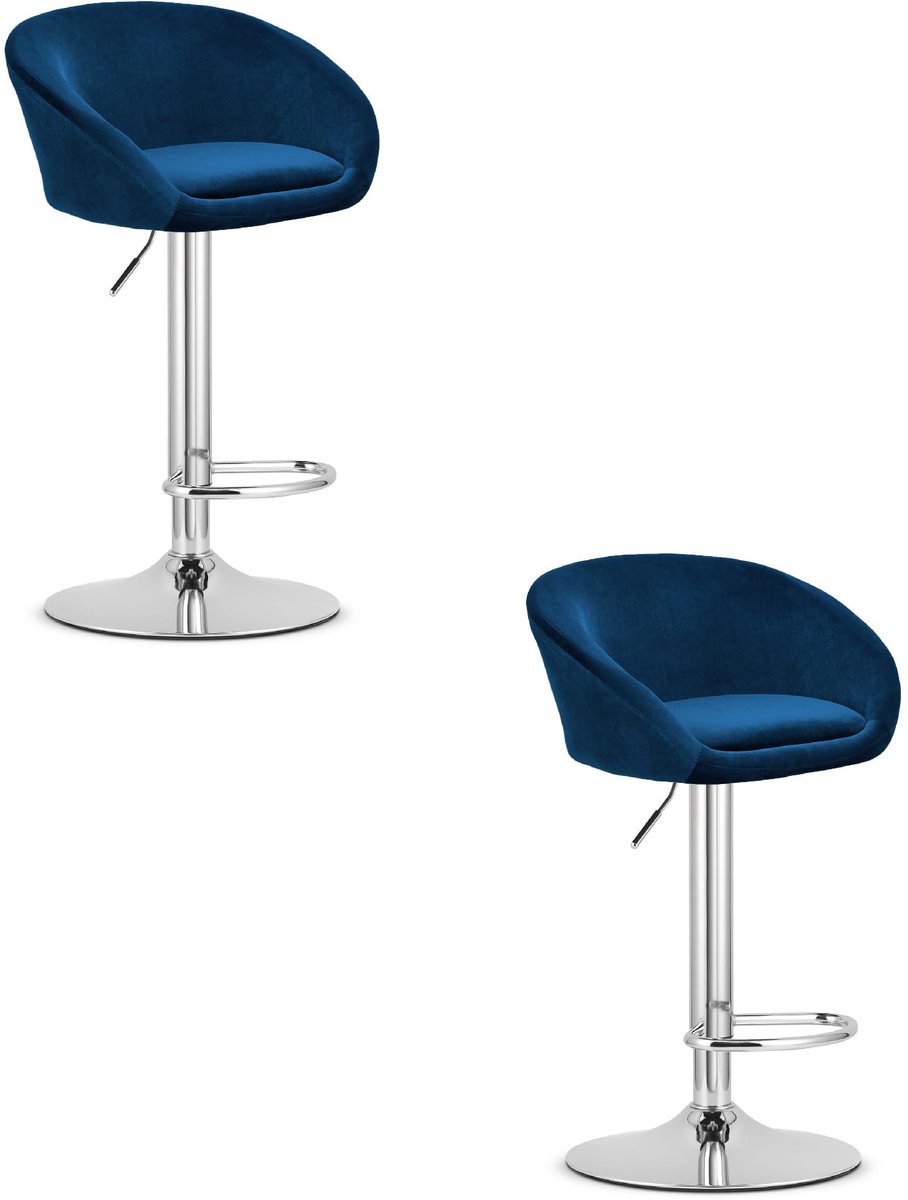 Set van 2 Barkrukken EAST – Velvet Donkerblauw - Chromen Basis - Rugleuning, Verstelbare Hoogte, 360° Draaibaar, Comfortabele Voetsteun, Modern Design, Max. 110 kg