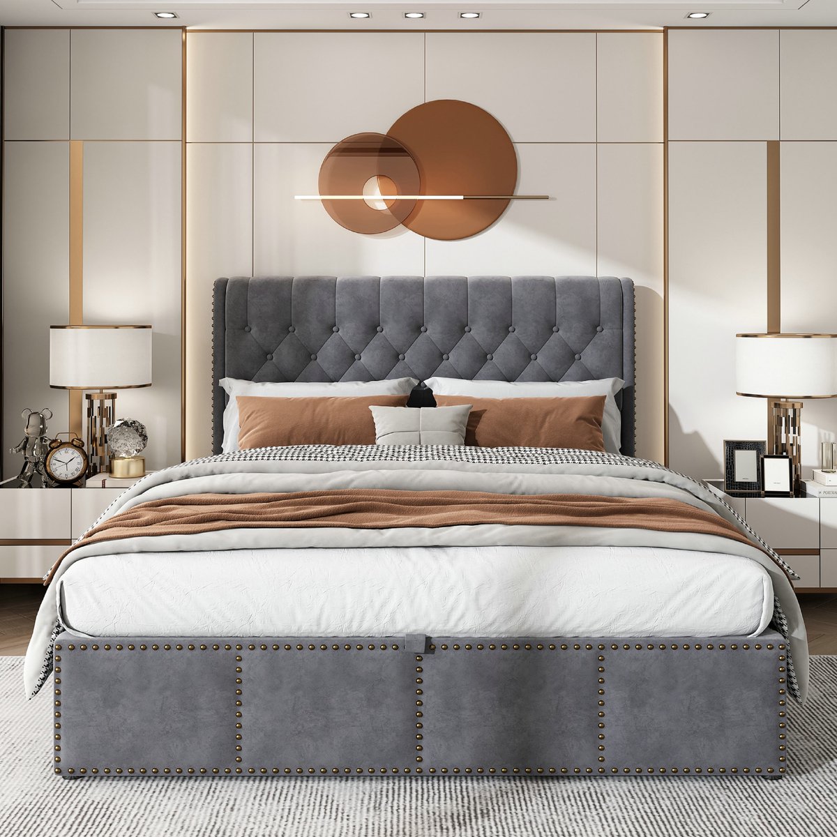 Bed met opbergruimte 140x200 cm met geklonken decoratie, volwassen bed met lattenbodem, gestoffeerd bed in fluweel, grijs(Matras niet inbegrepen)