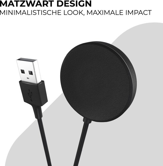 Matzwarte ronde smartwatch oplader met matzwarte USB-A kabel.