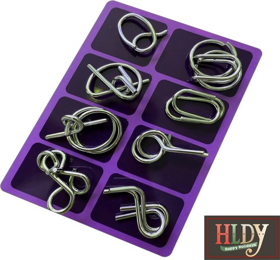 HLDY Breinpuzzel - 8 stuks - Editie Paars - 3d Puzzel - Metaal - Voor kinderen en volwassenen - IQ spel - Braintrainer