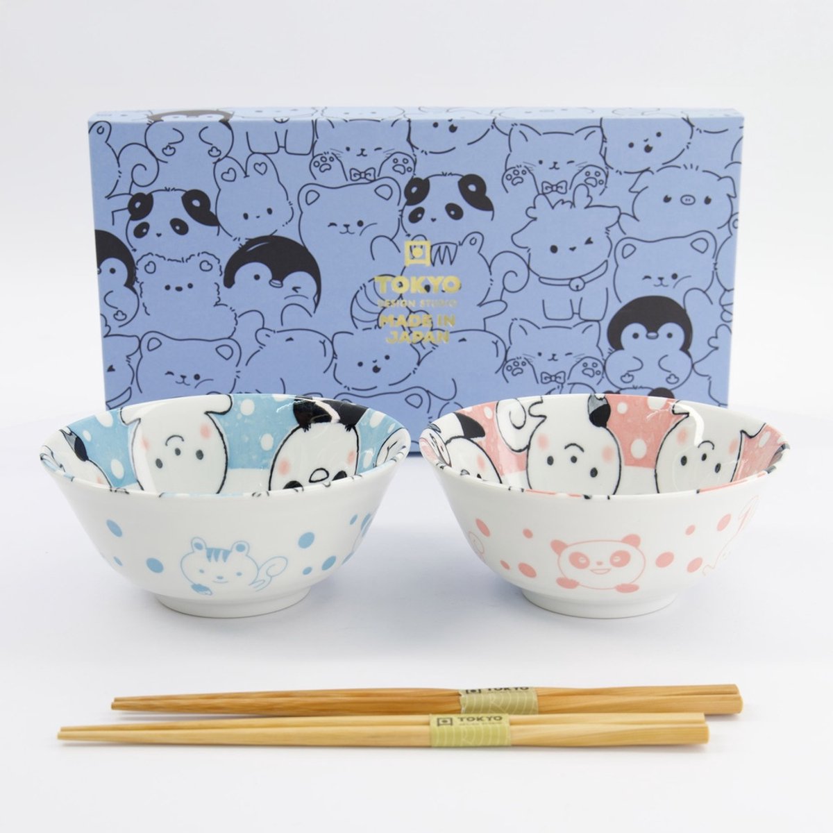 Tokyo Design Studio Kawaii Animals Tayo Bowl Giftset 2pcs w/chopsticks 15.2x6.7cm 500ml Blue/Pink - Cadeauset van 2 kommen Made in Japan