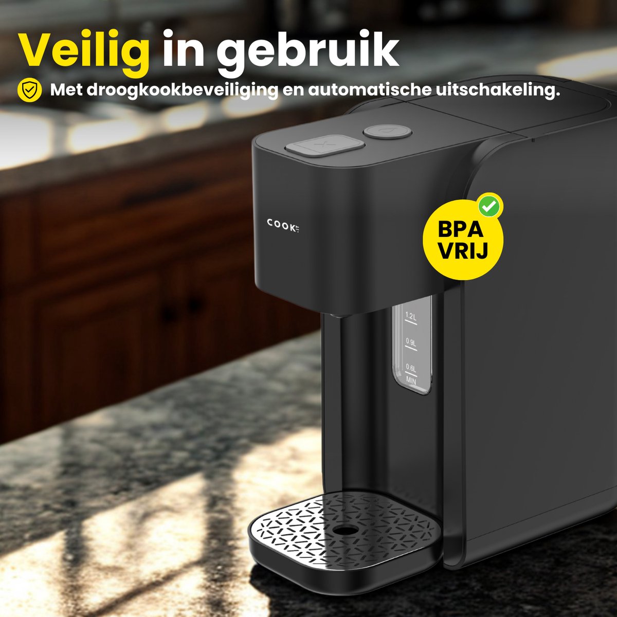 COOK-IT Heetwaterdispenser - 1.5L Instant Waterkoker - 100°C - 250ml per druk - 2200W - BPA-vrij - Heetwatertap - Zwart — afbeelding 5