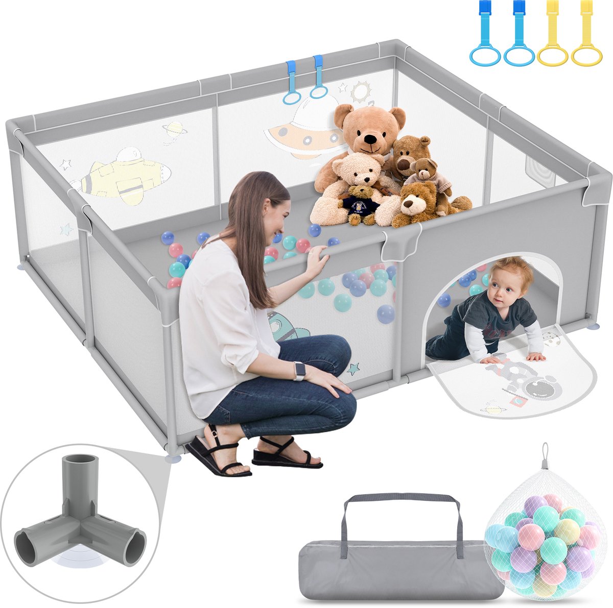Babybox, draagbare veiligheidsbarrière met 50 ballen, 180x150x68cm Box, veilige speelruimte met ademend gaas, ritssluiting en 4 trekringen (Grijs mit Astronautenmotiven)