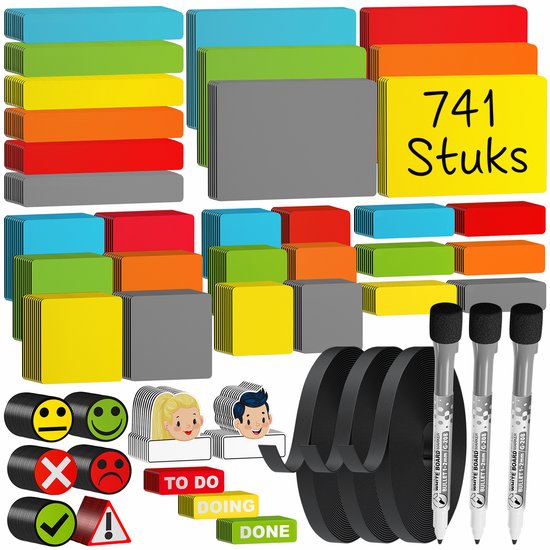 Grote set gekleurde, herschrijfbare magneten, 3 magnetische pennen en 3 zwarte rollen.