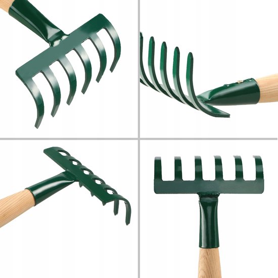 KADAX kleine metalen hark, hark gemaakt van hout, lommerrijke bezems, loudbreak, gazonhark voor tuin, tuin hicke, handhark, kleine ventilatorbroom (groen 6 tanden) van Merkloos	 — afbeelding 2