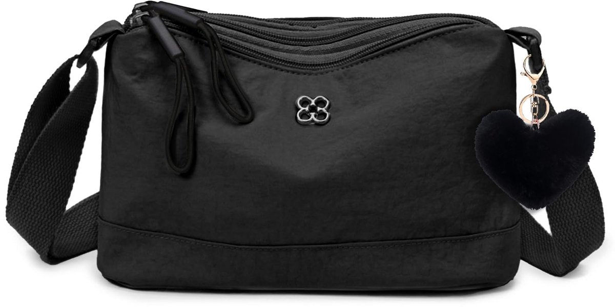 Schoudertas voor dames met hart pluche charme, waterdichte nylon tas, schoudertas voor dames, middelgroot, verstelbare schouderriem, crossbody tas, got-tas met veel vakken, zwart, zwart
