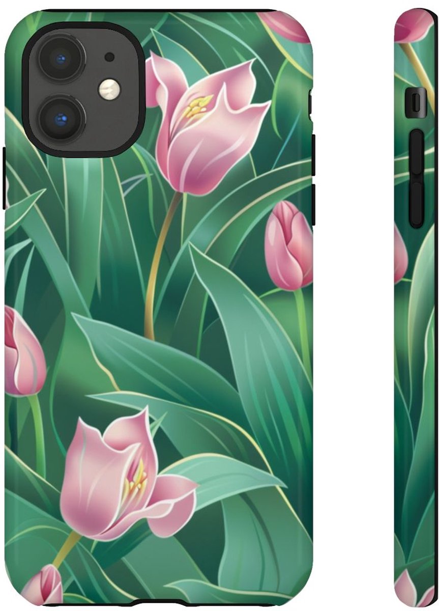 Roze Tulp Bloemenpatroon – Telefoonhoesje Geschikt voor iPhone 11
