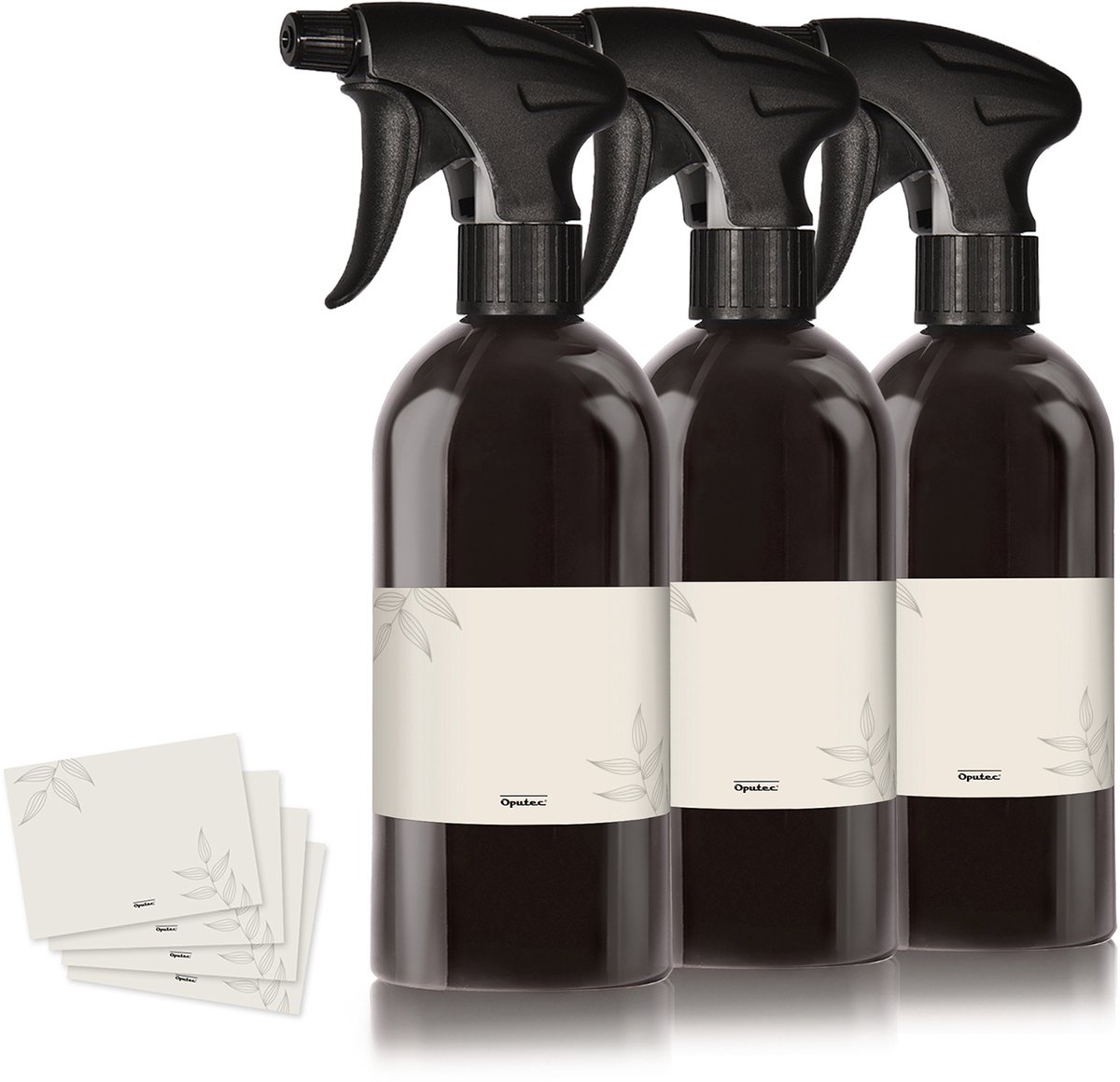 Oputec 3 x 500 ml sprayflessen – zwarte kunststof flessen met verstelbare sproeikop & etiketten – hervulbaar & lekvrij