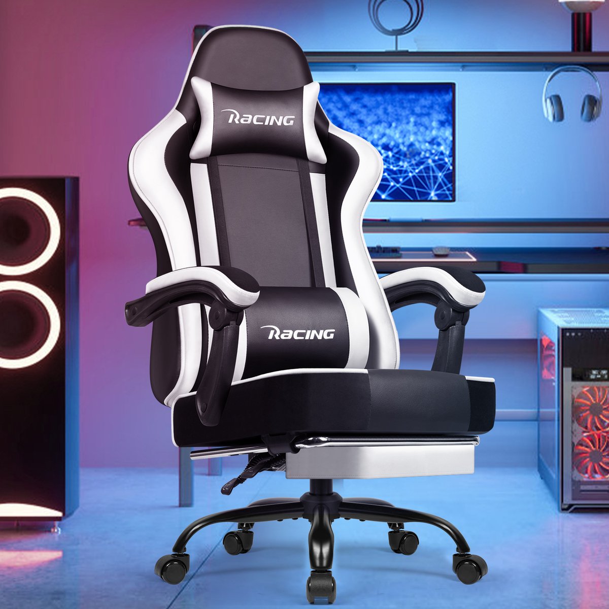 Elekiatech Gaming Stoel - Gamestoel mit 90°-170° Rugleuning - Gaming Chair met Inklapbare Voetensteun - Game Stoel met Zachte Armleuningen - Max. Draagvermogen 150 kg